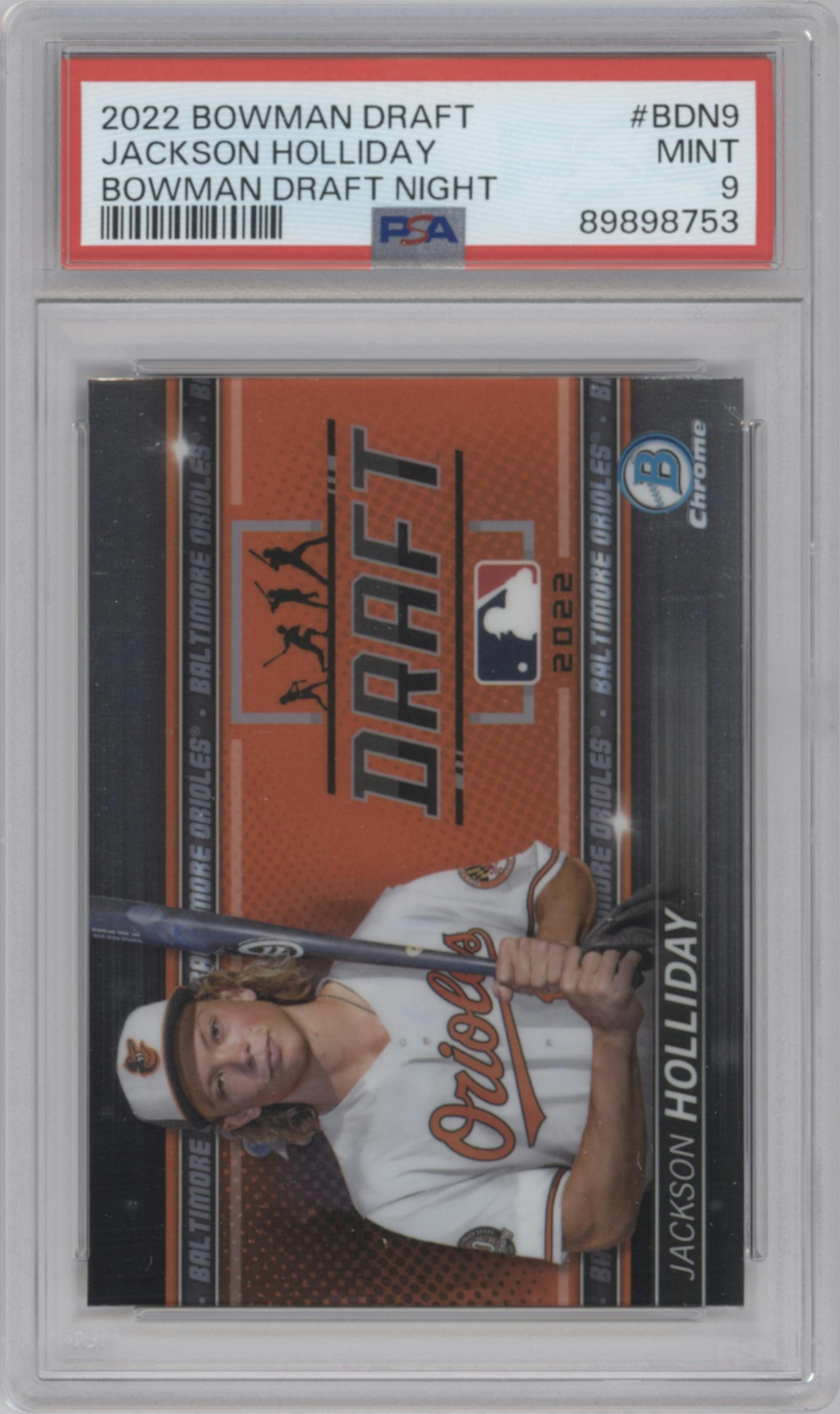 Jackson Holliday from the 2022 Bowman Draft set graded by PSA and given an overall grade of 9.