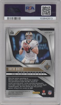 Drew Brees from the 2024 Panini Prizm set featuring a Choice parallel graded by PSA and given an overall grade of 10.