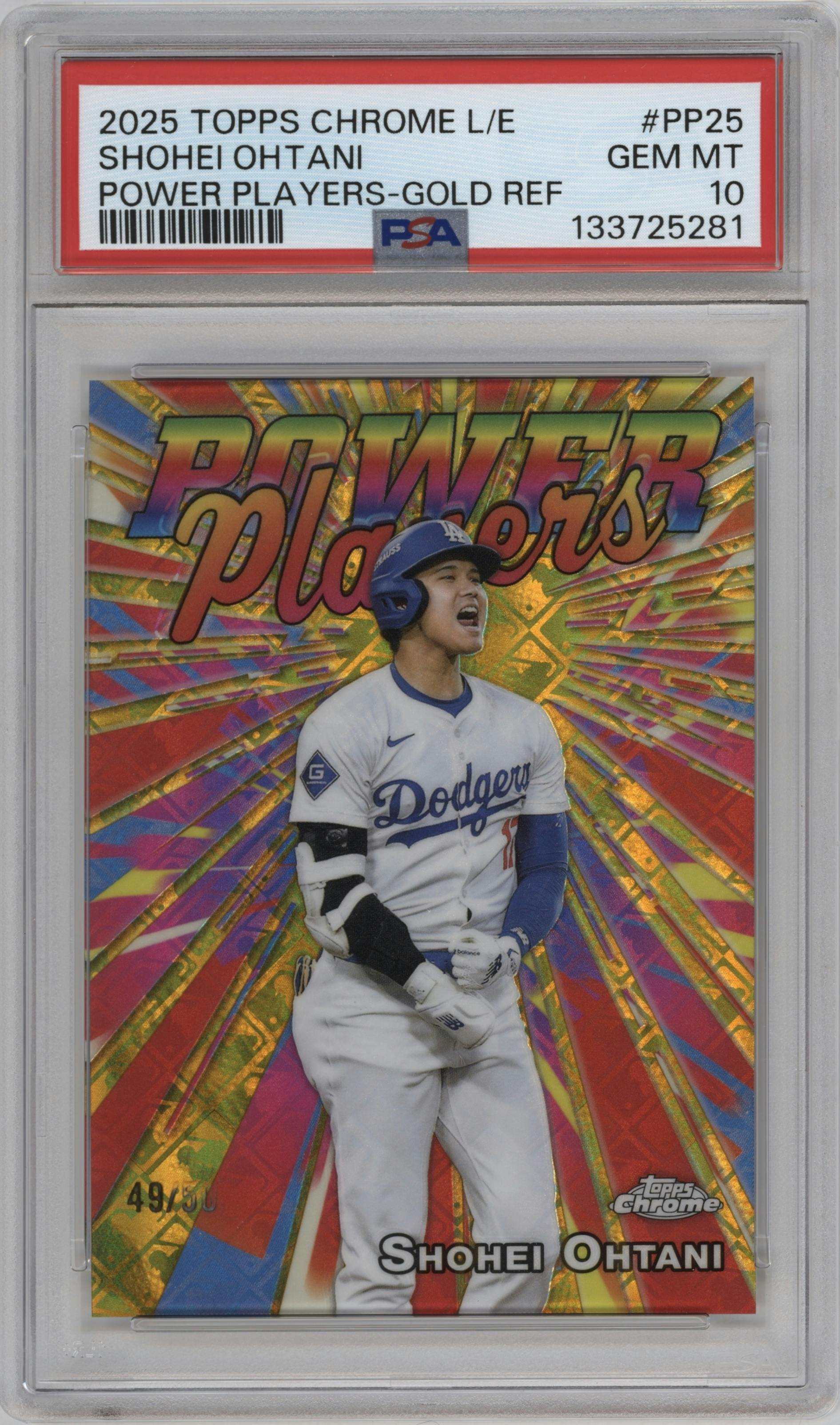 Shohei Ohtani from the 2025 Topps Chrome Logofractor Edition set featuring a Gold Refractor parallel graded by PSA and given an overall grade of 10.