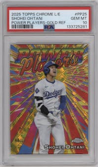 Shohei Ohtani from the 2025 Topps Chrome Logofractor Edition set featuring a Gold Refractor parallel graded by PSA and given an overall grade of 10.