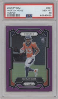 Marvin Mims from the 2023 Panini Prizm set featuring a Purple Prizm parallel graded by PSA and given an overall grade of 10.