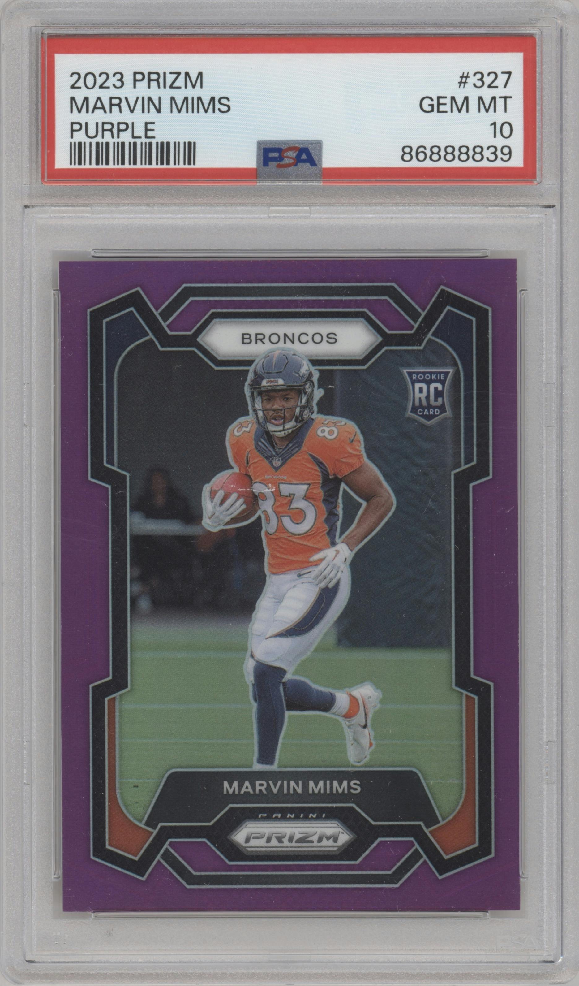 Marvin Mims from the 2023 Panini Prizm set featuring a Purple Prizm parallel graded by PSA and given an overall grade of 10.