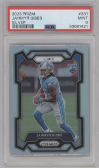 Jahmyr Gibbs from the 2023 Panini Prizm set featuring a Silver Prizm parallel graded by PSA and given an overall grade of 9.