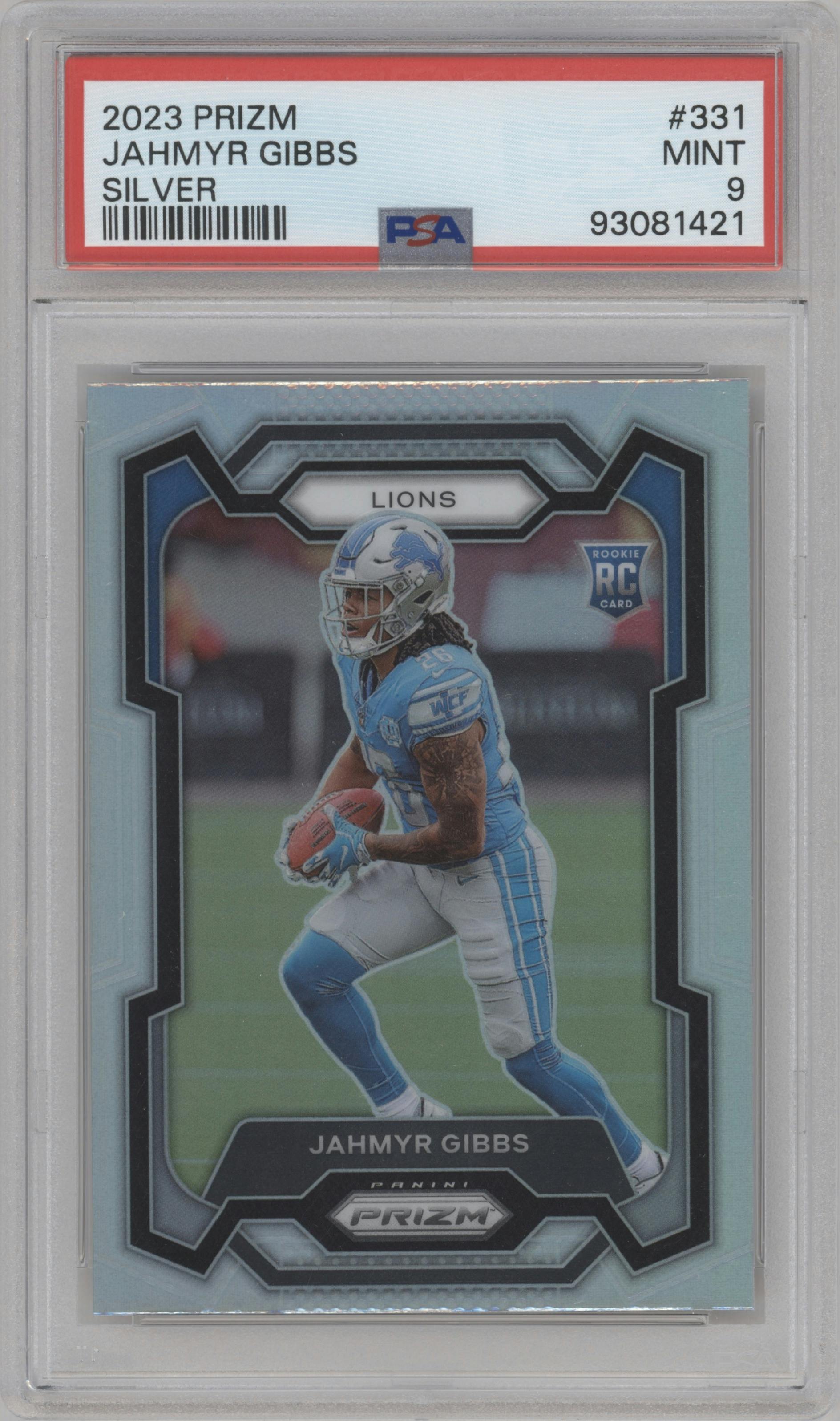 Jahmyr Gibbs from the 2023 Panini Prizm set featuring a Silver Prizm parallel graded by PSA and given an overall grade of 9.