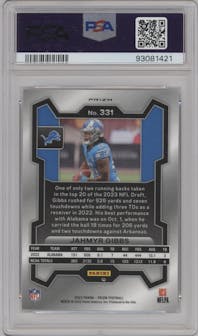 Jahmyr Gibbs from the 2023 Panini Prizm set featuring a Silver Prizm parallel graded by PSA and given an overall grade of 9.