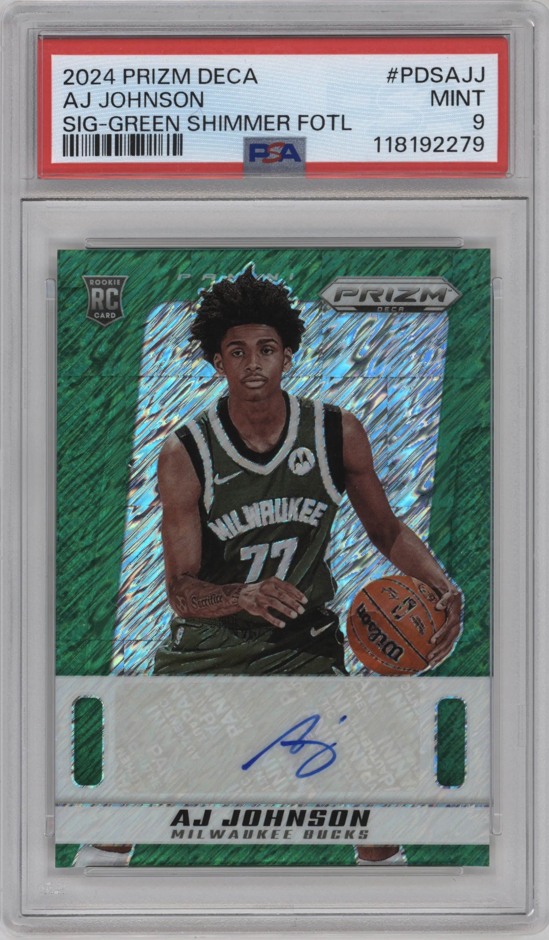 2024 Panini Prizm Deca Sig. AJ Johnson Green Shimmer FOTL #PDS-AJJ PSA 9