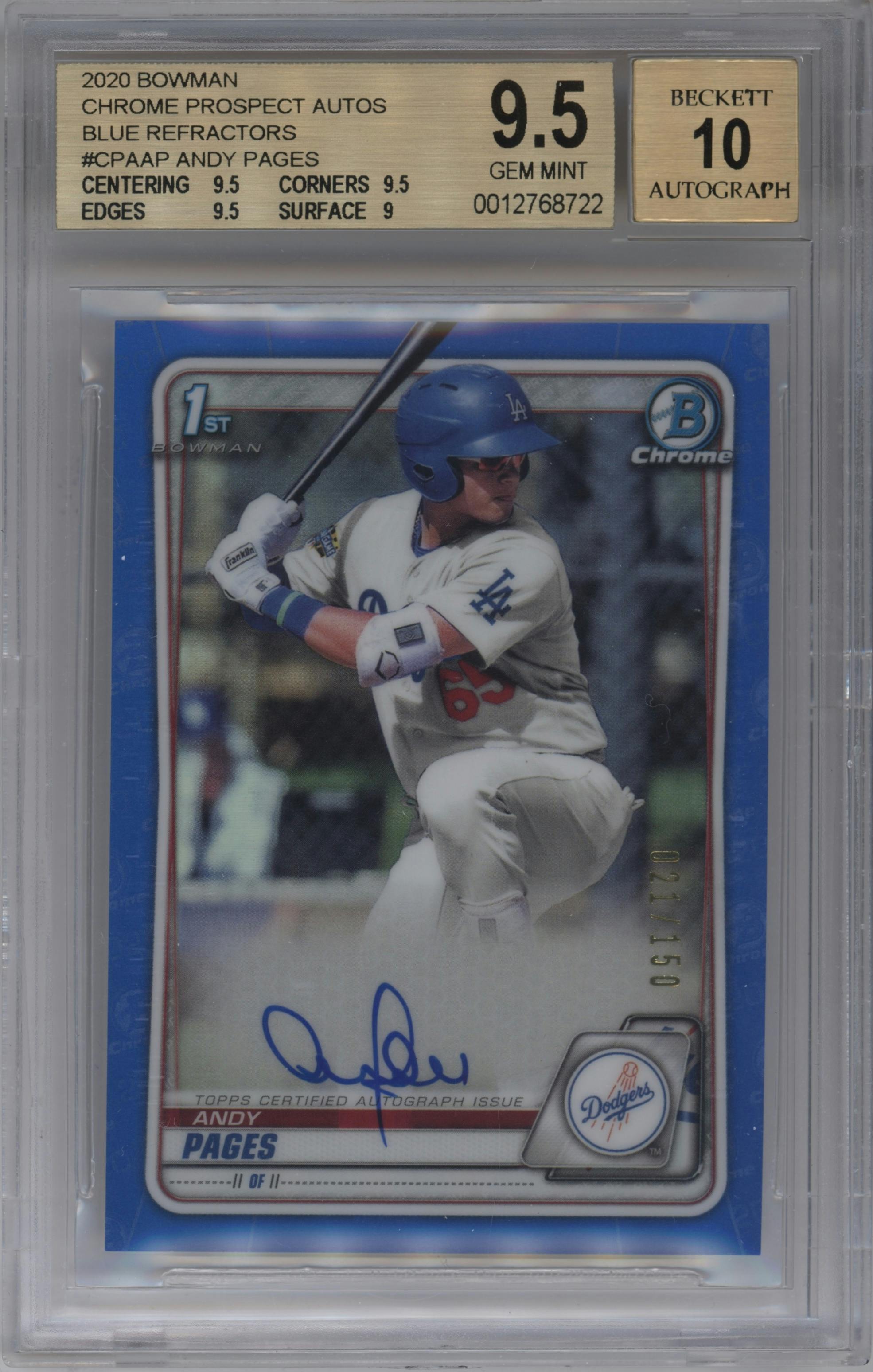 Andy Pages from the 2020 Bowman set featuring a Blue Ref. parallel graded by Beckett and given an overall grade of 9.5.