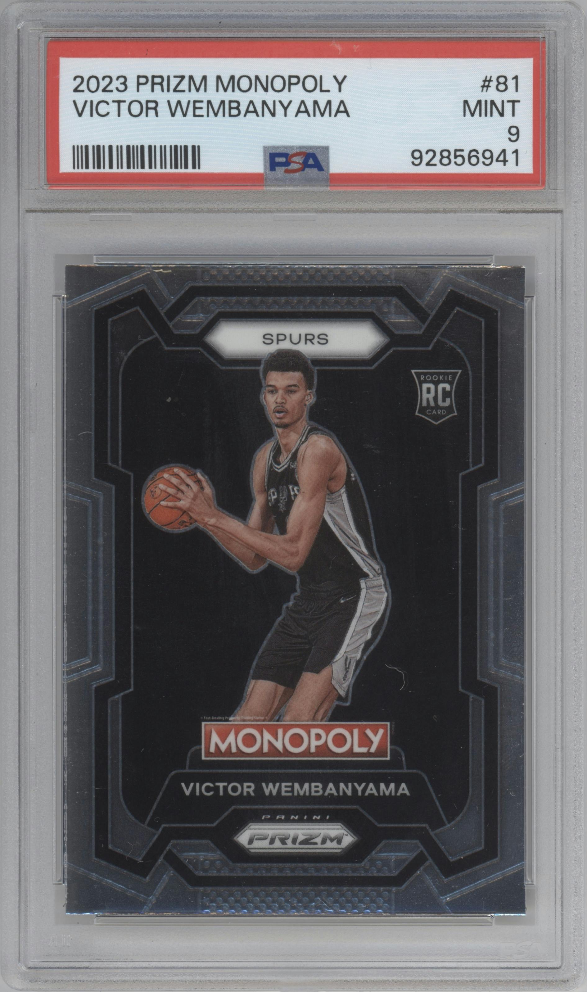 Victor Wembanyama from the 2023-24 Panini Prizm Monopoly set graded by PSA and given an overall grade of 9.