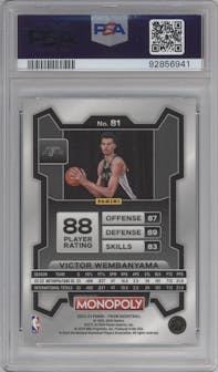 Victor Wembanyama from the 2023-24 Panini Prizm Monopoly set graded by PSA and given an overall grade of 9.