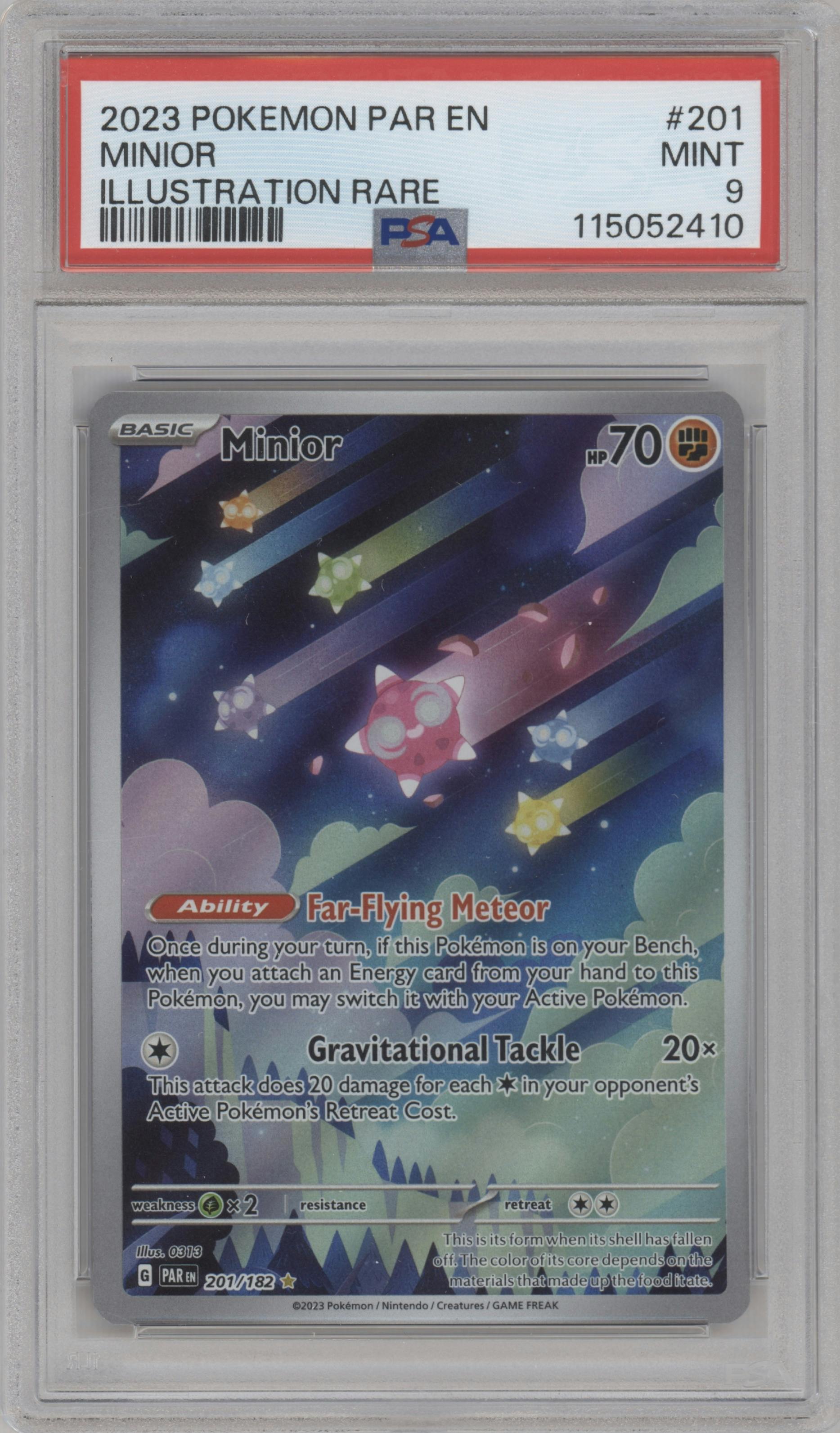 Minior from the 2023 Pokemon SV set graded by PSA and given an overall grade of 9.