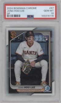 Jung Hoo Lee from the 2024 Bowman Chrome set graded by PSA and given an overall grade of 10.