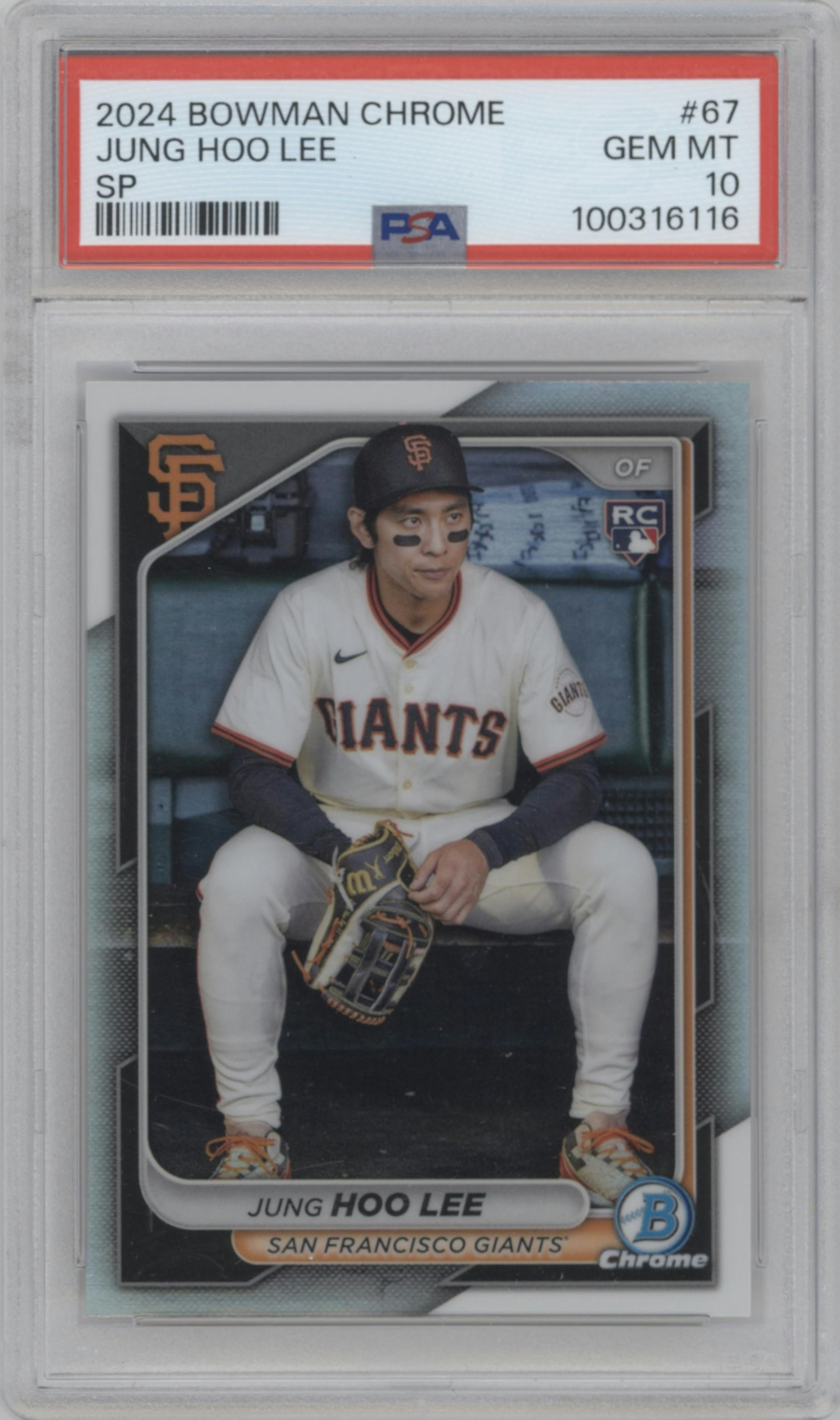 Jung Hoo Lee from the 2024 Bowman Chrome set graded by PSA and given an overall grade of 10.