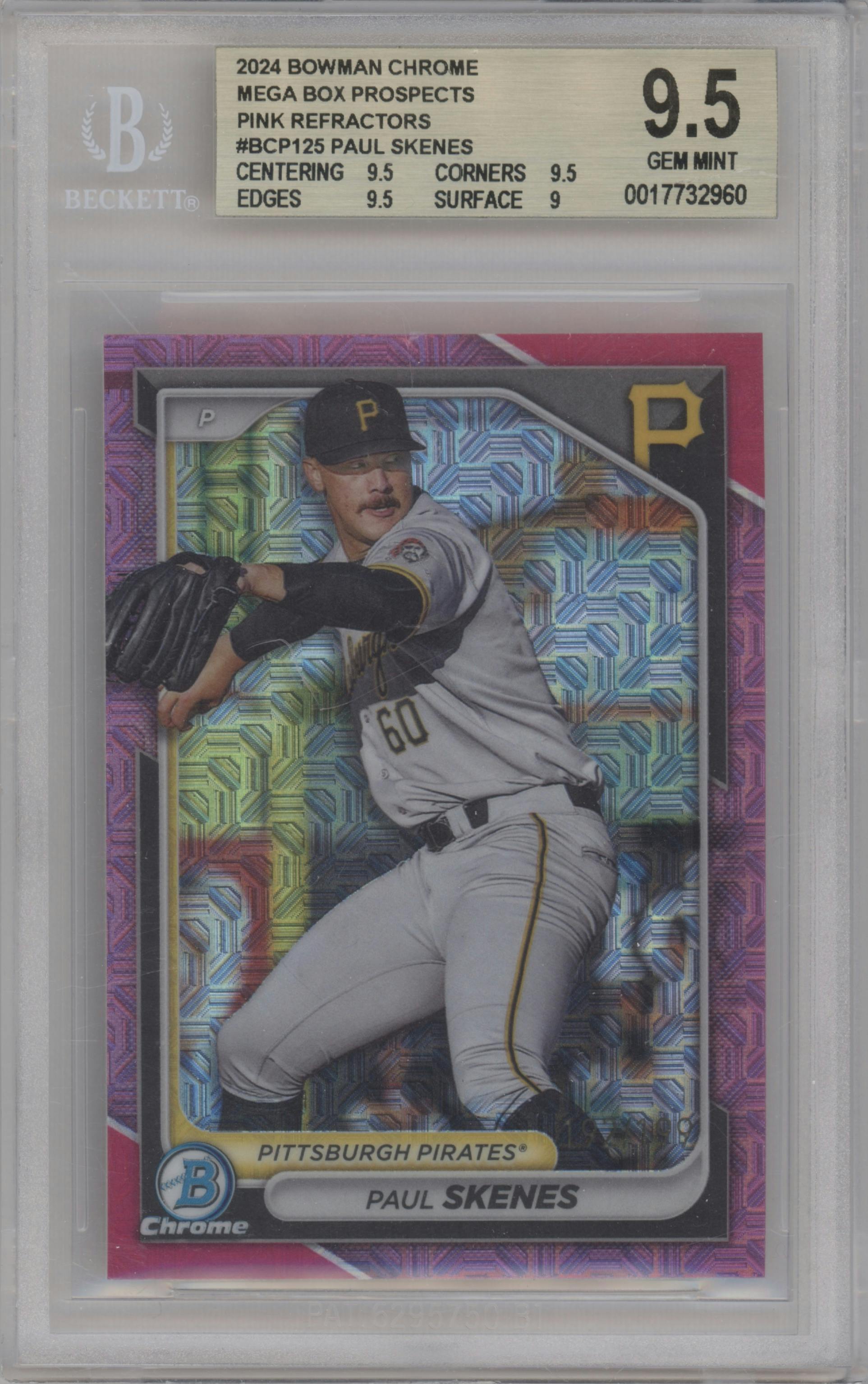 Paul Skenes from the 2024 Bowman Mega Box set featuring a Pink Refractor parallel graded by Beckett and given an overall grade of 9.5.