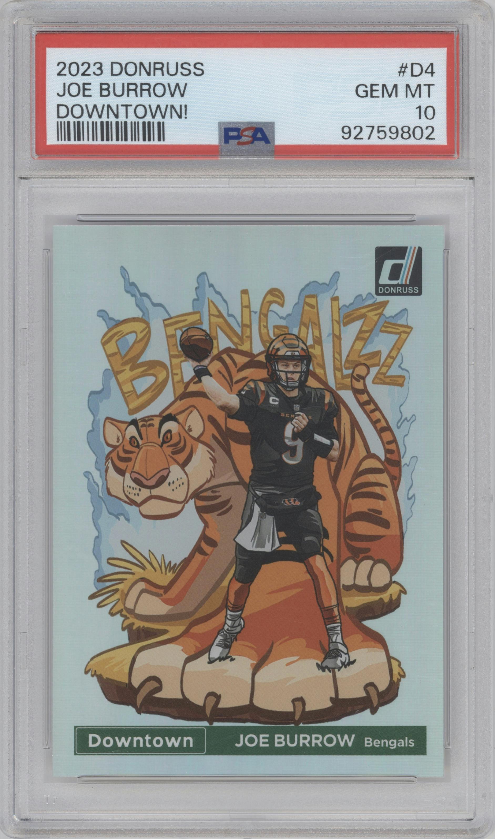 Joe Burrow from the 2023 Panini Donruss set graded by PSA and given an overall grade of 10.