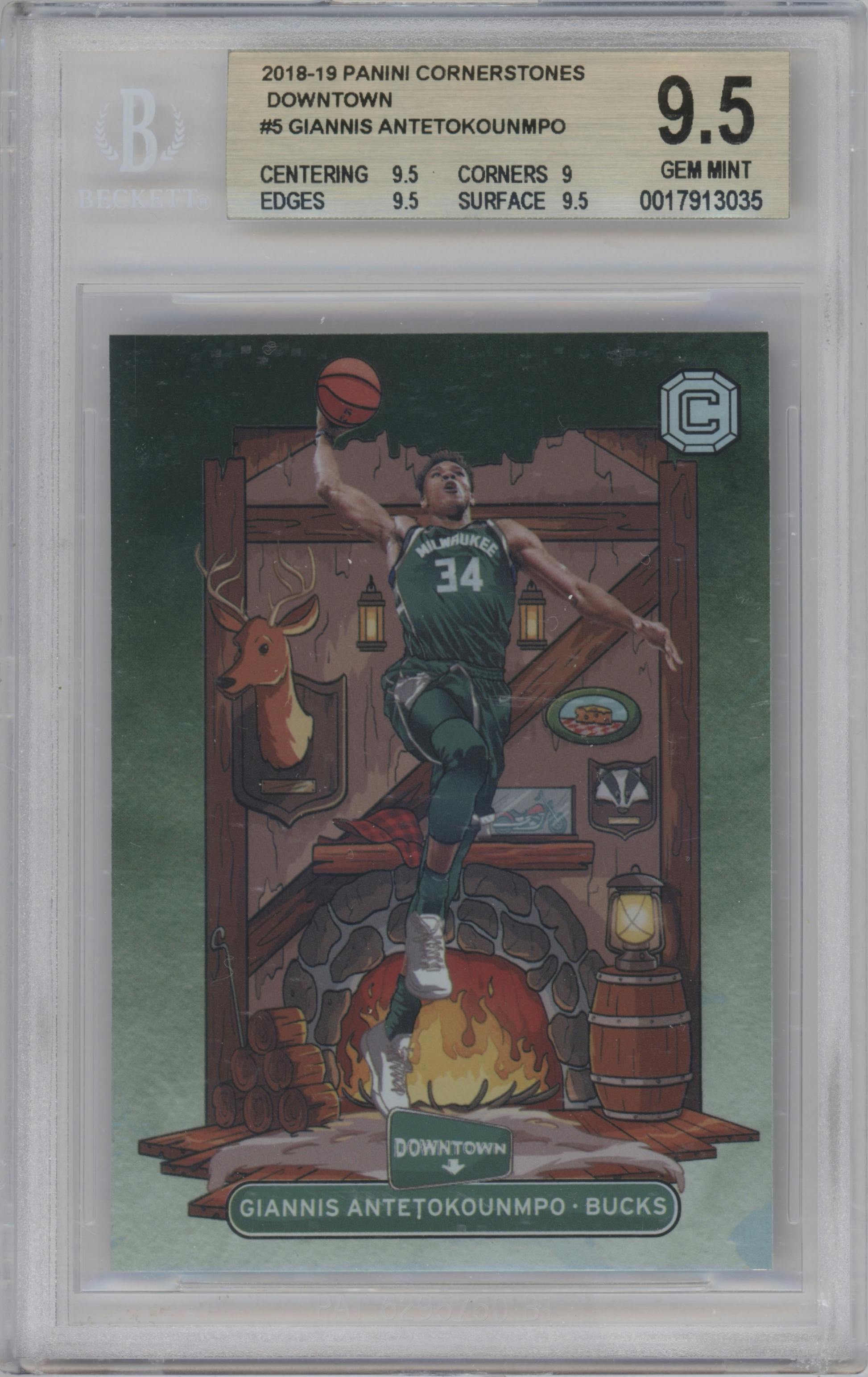 Giannis Antetokounmpo from the 2018-19 Panini Cornerstones set graded by Beckett and given an overall grade of 9.5.