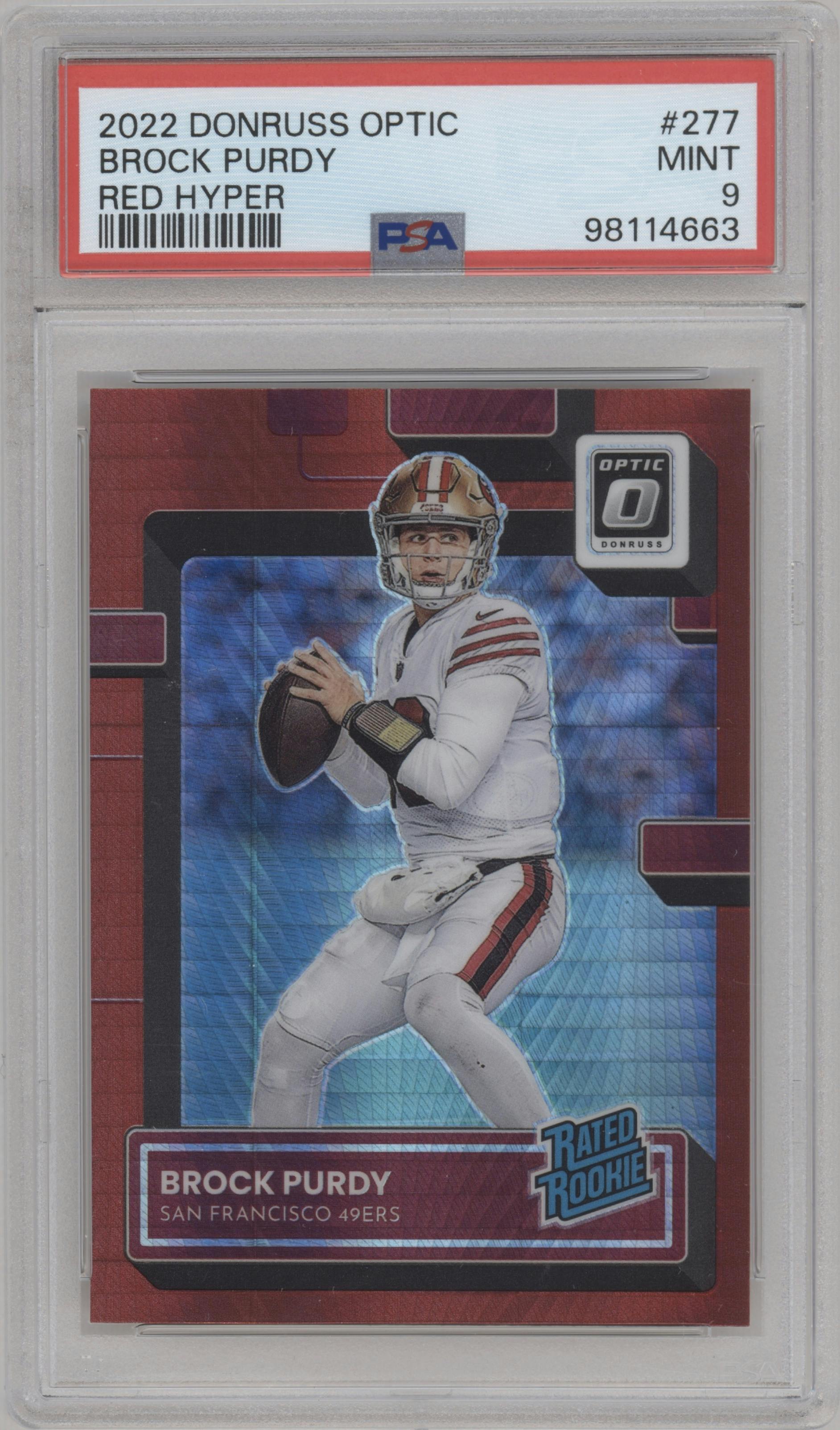 Brock Purdy from the 2022 Panini Donruss Optic set featuring a Hyper Red parallel graded by PSA and given an overall grade of 9.