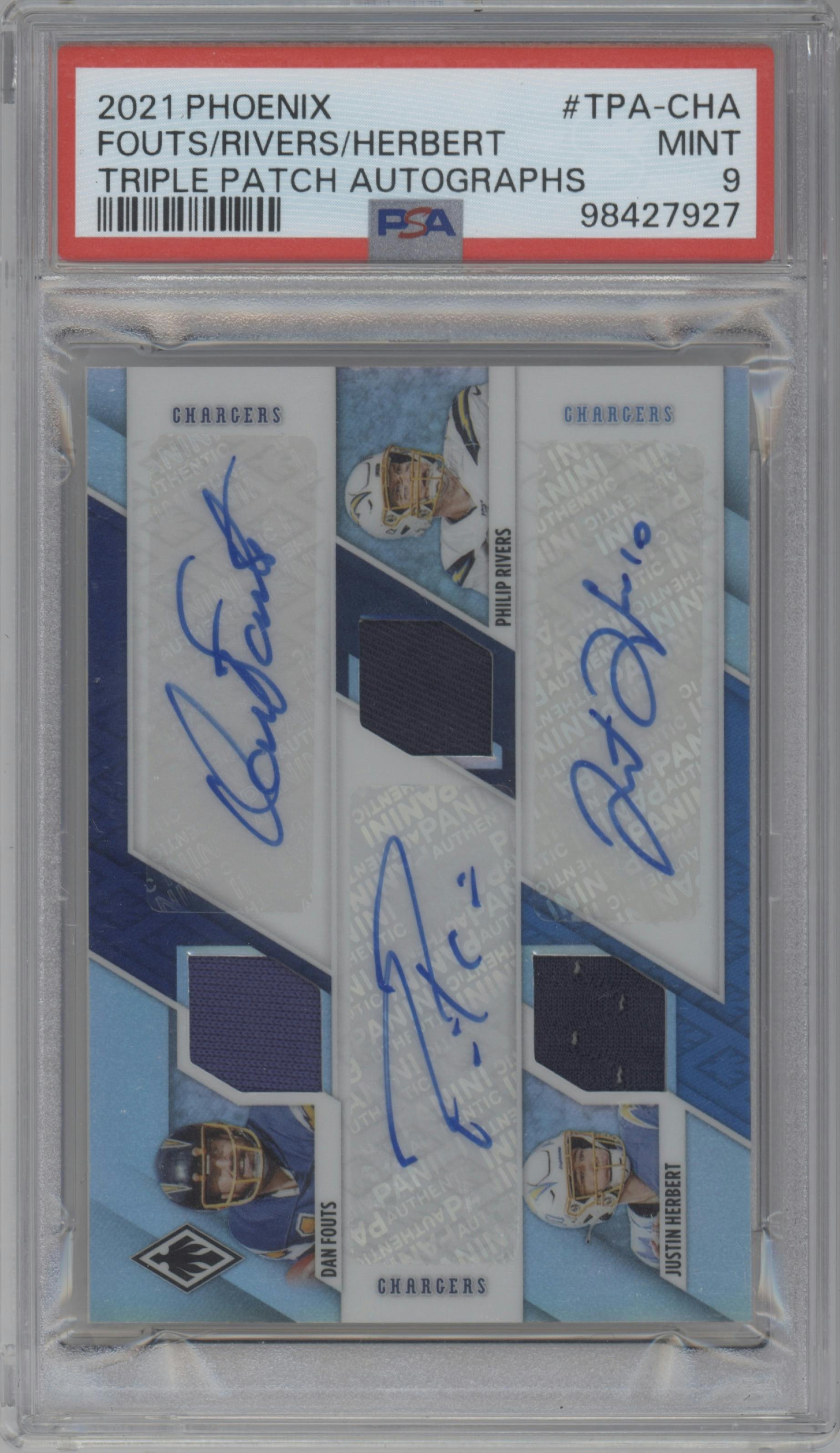 Dan Fouts/Philip Rivers/Justin Herbert from the 2021 Panini Phoenix set graded by PSA and given an overall grade of 9.