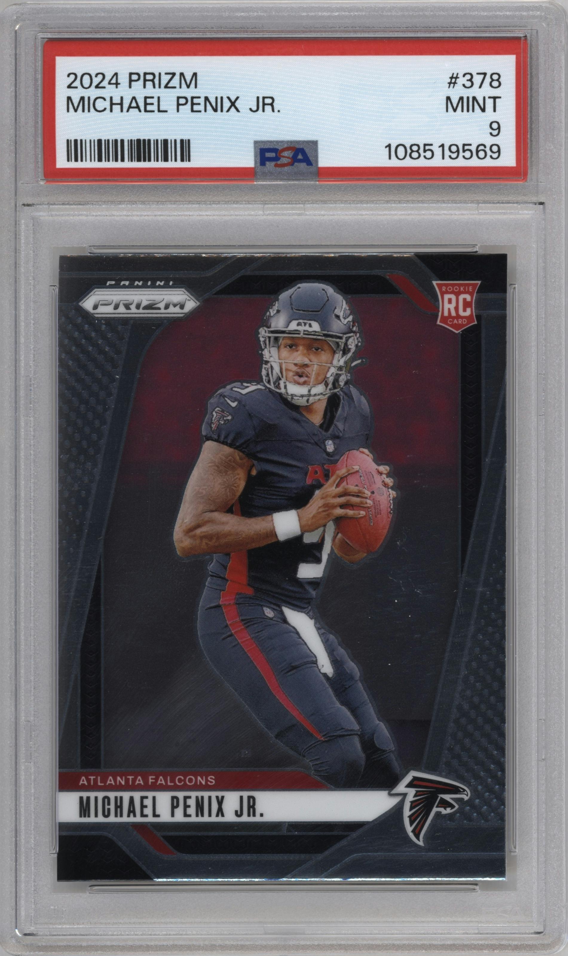 Michael Penix Jr. from the 2024 Panini Prizm set graded by PSA and given an overall grade of 9.