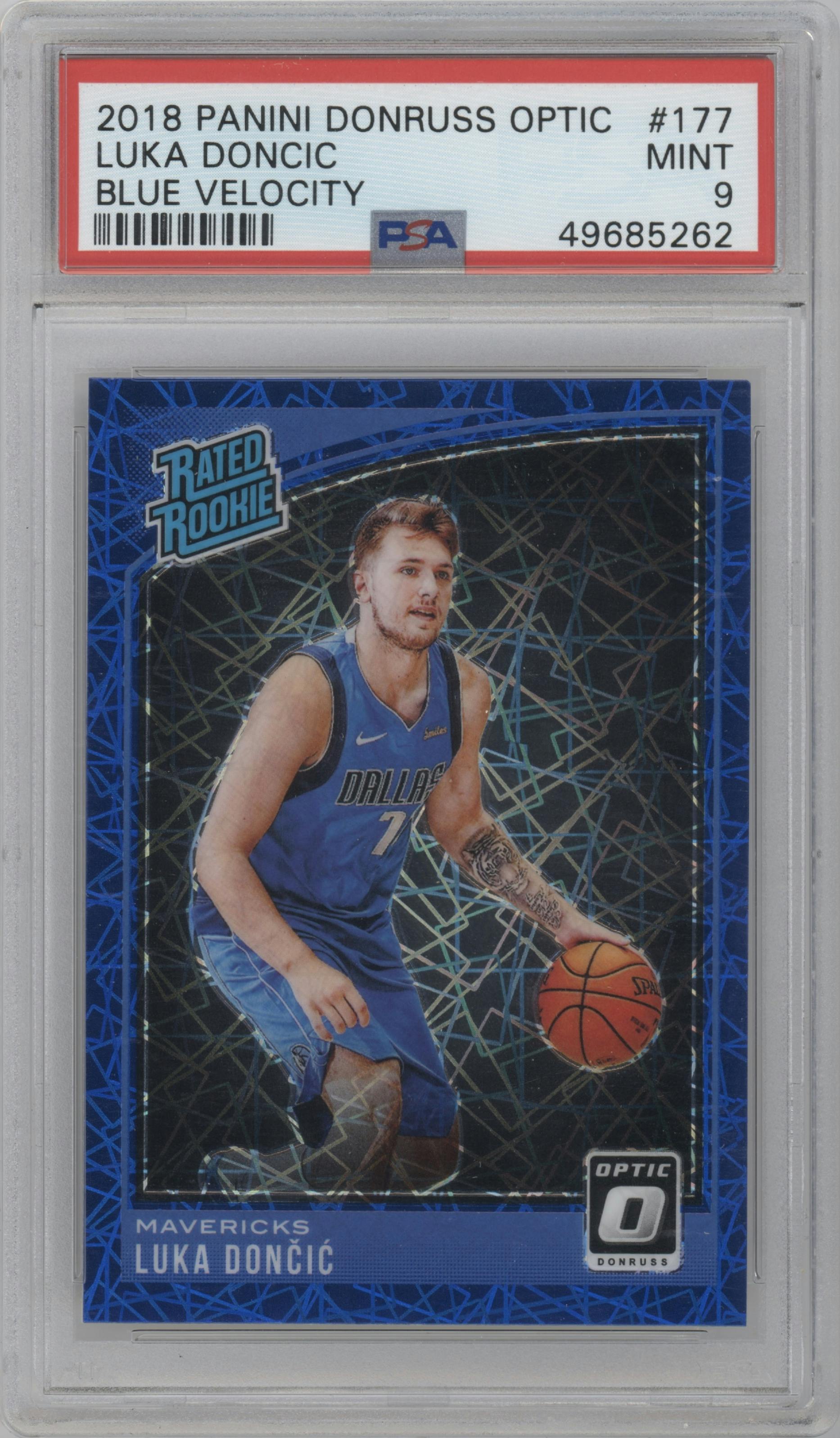 Luka Doncic from the 2018-19 Panini Donruss Optic set featuring a Blue Velocity parallel graded by PSA and given an overall grade of 9.