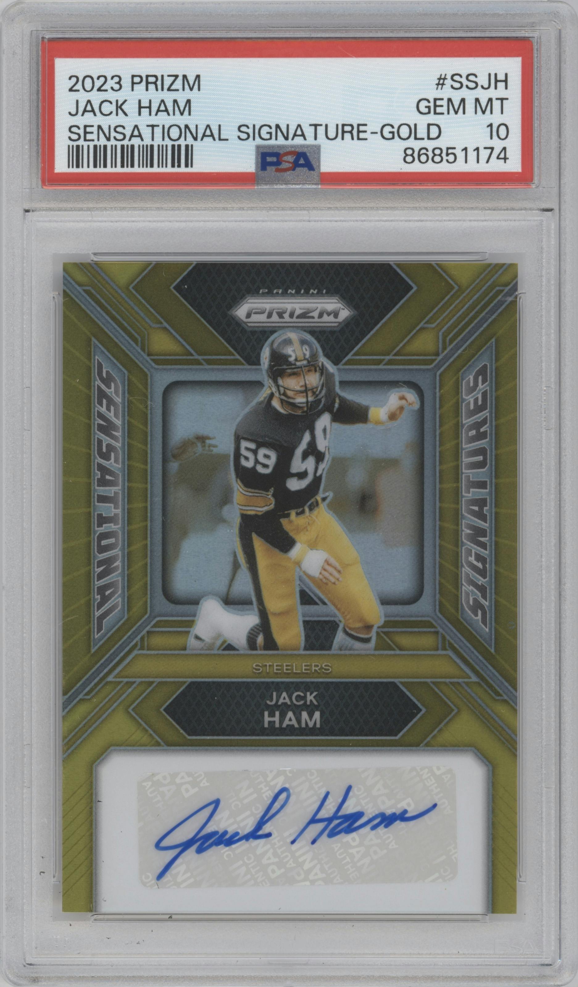 Jack Ham from the 2023 Panini Prizm set featuring a Gold Prizm parallel graded by PSA and given an overall grade of 10.