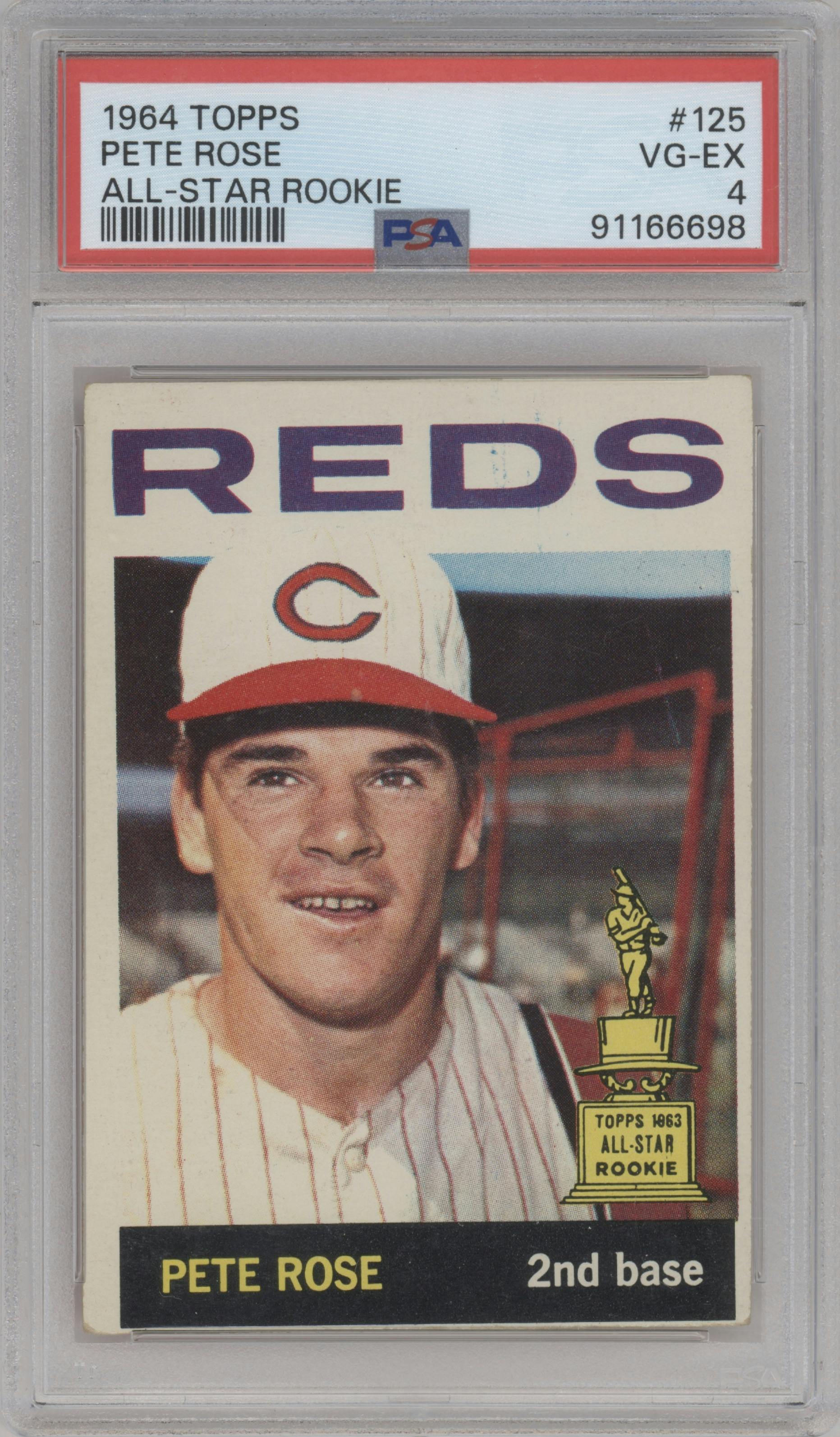 Pete Rose from the 1964 Topps set graded by PSA and given an overall grade of 4.