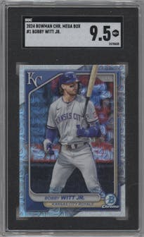 Bobby Witt Jr. from the 2024 Bowman Chrome Mega Box set graded by SGC and given an overall grade of 9.5.