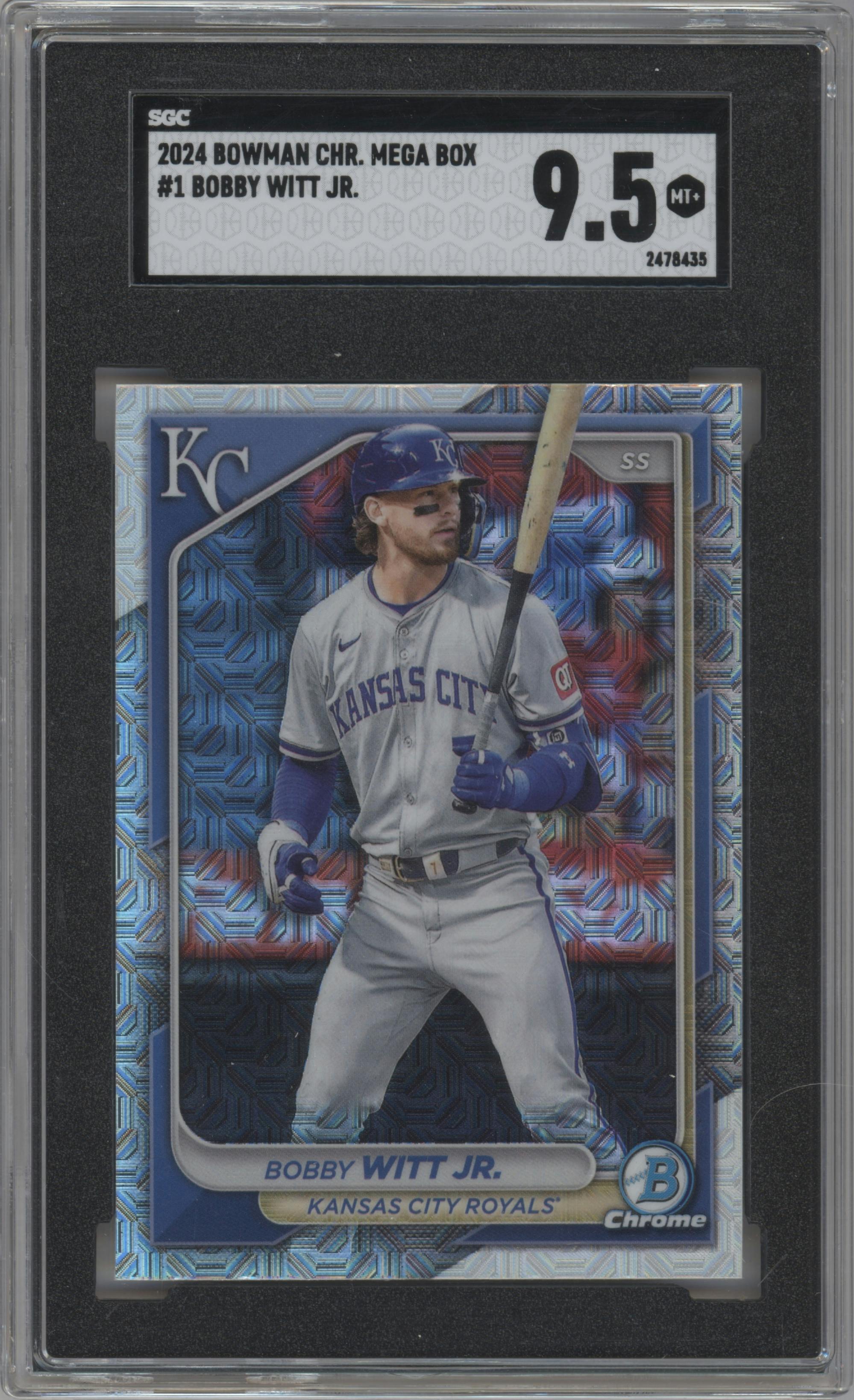 Bobby Witt Jr. from the 2024 Bowman Chrome Mega Box set graded by SGC and given an overall grade of 9.5.