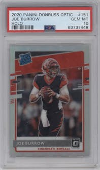 Joe Burrow from the 2020 Panini Donruss Optic set featuring a Holo parallel graded by PSA and given an overall grade of 10.