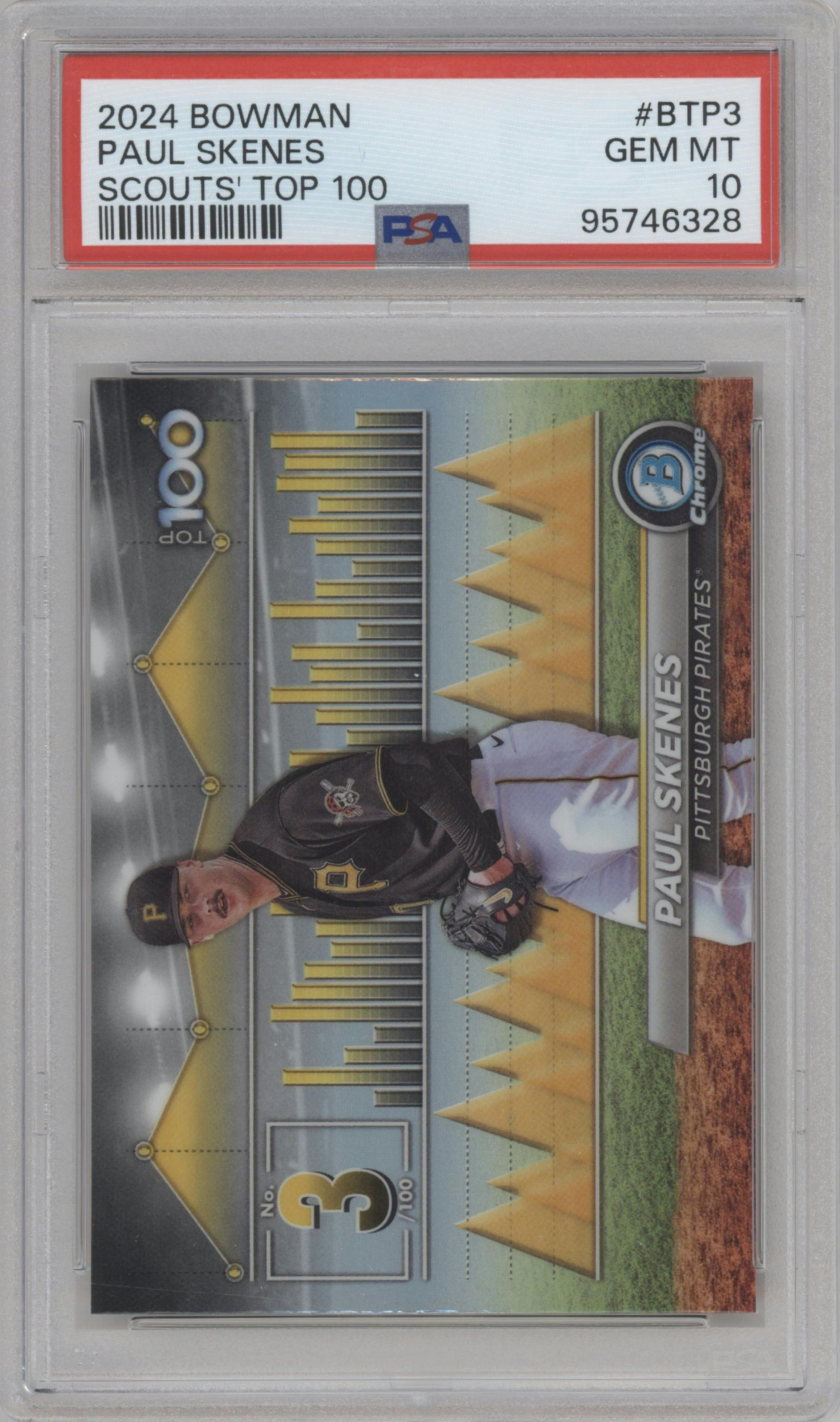 Paul Skenes from the 2024 Bowman set graded by PSA and given an overall grade of 10.