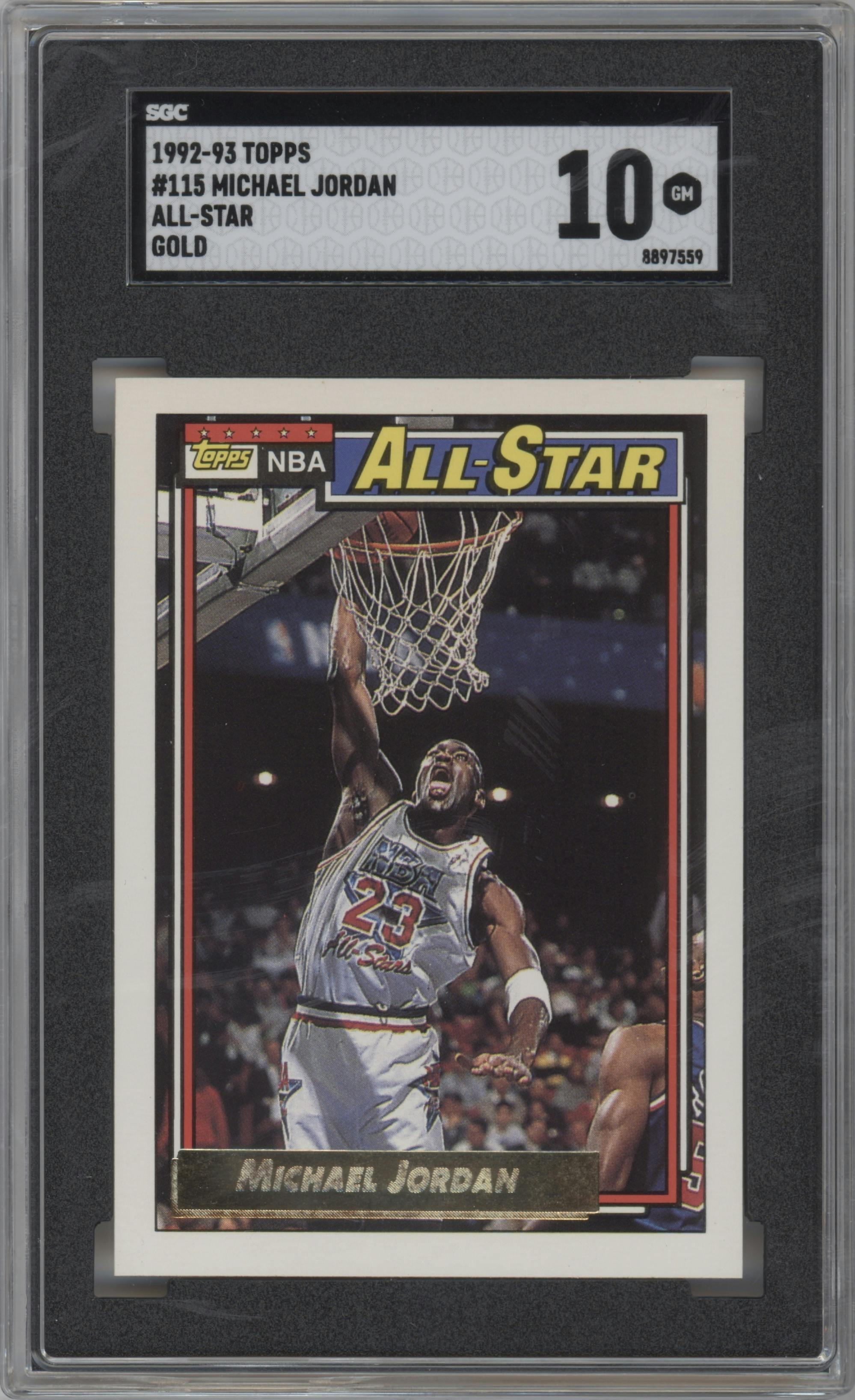 Michael Jordan from the 1992-93 Topps set featuring a Gold parallel graded by SGC and given an overall grade of 10.