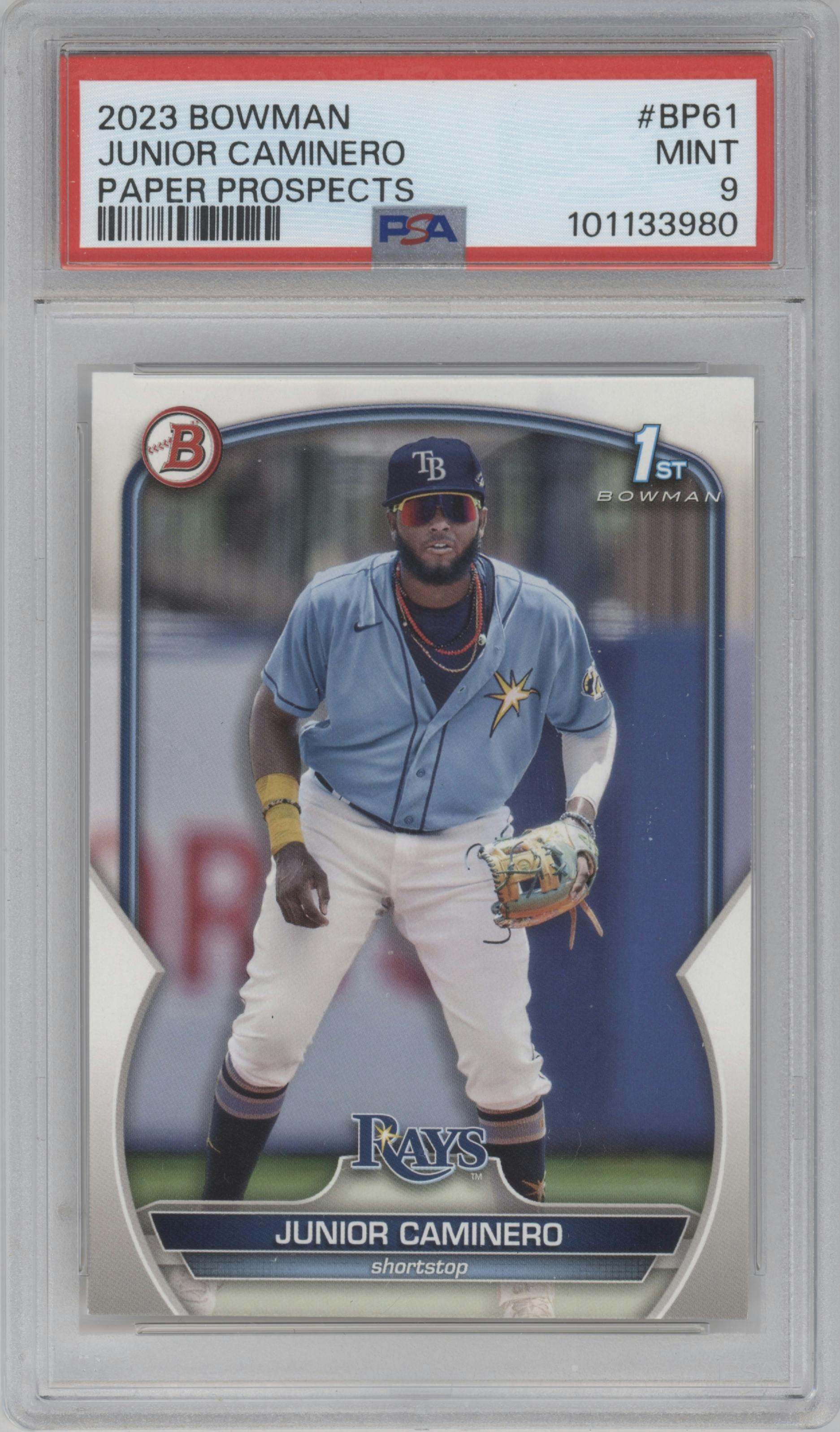 Junior Caminero from the 2023 Bowman  set graded by PSA and given an overall grade of 9.