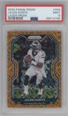 Jalen Hurts from the 2020 Panini Prizm set featuring a Lazer parallel graded by PSA and given an overall grade of 9.