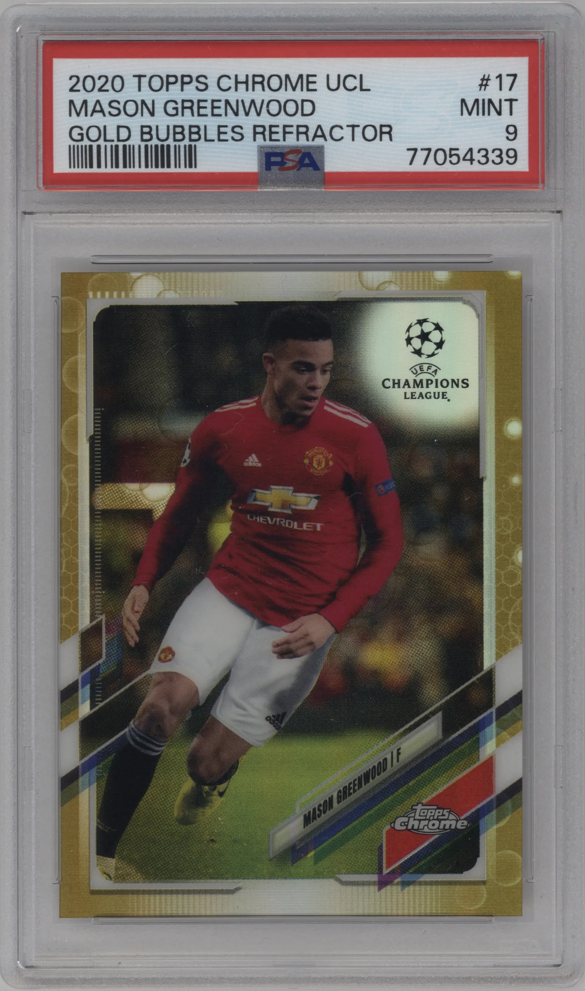2020 Topps Chrome UEFA Champions League Mason Greenwood Gold Bubbles Refractor PSA 9