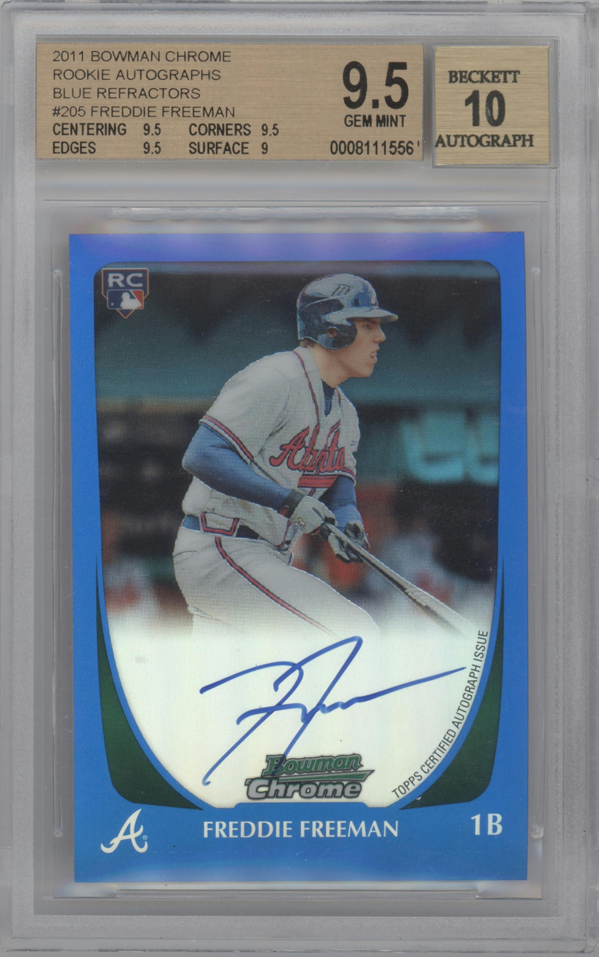 Freddie Freeman from the 2011 Bowman set featuring a Blue Refractor parallel graded by Beckett and given an overall grade of 9.5.