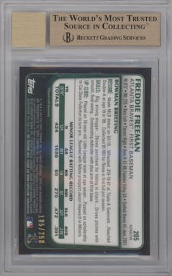 Freddie Freeman from the 2011 Bowman set featuring a Blue Refractor parallel graded by Beckett and given an overall grade of 9.5.
