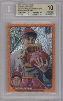 Shohei Ohtani from the 2023 Topps Chrome set featuring a Orange Speckle parallel graded by Beckett and given an overall grade of 10.