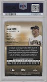 Juan Soto from the 2023 Topps Stadium Club set featuring a Gold Minted Refractor parallel graded by PSA and given an overall grade of 9.