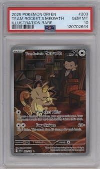 Team Rocket's Meowth from the 2025 Pokemon SV set graded by PSA and given an overall grade of 10.