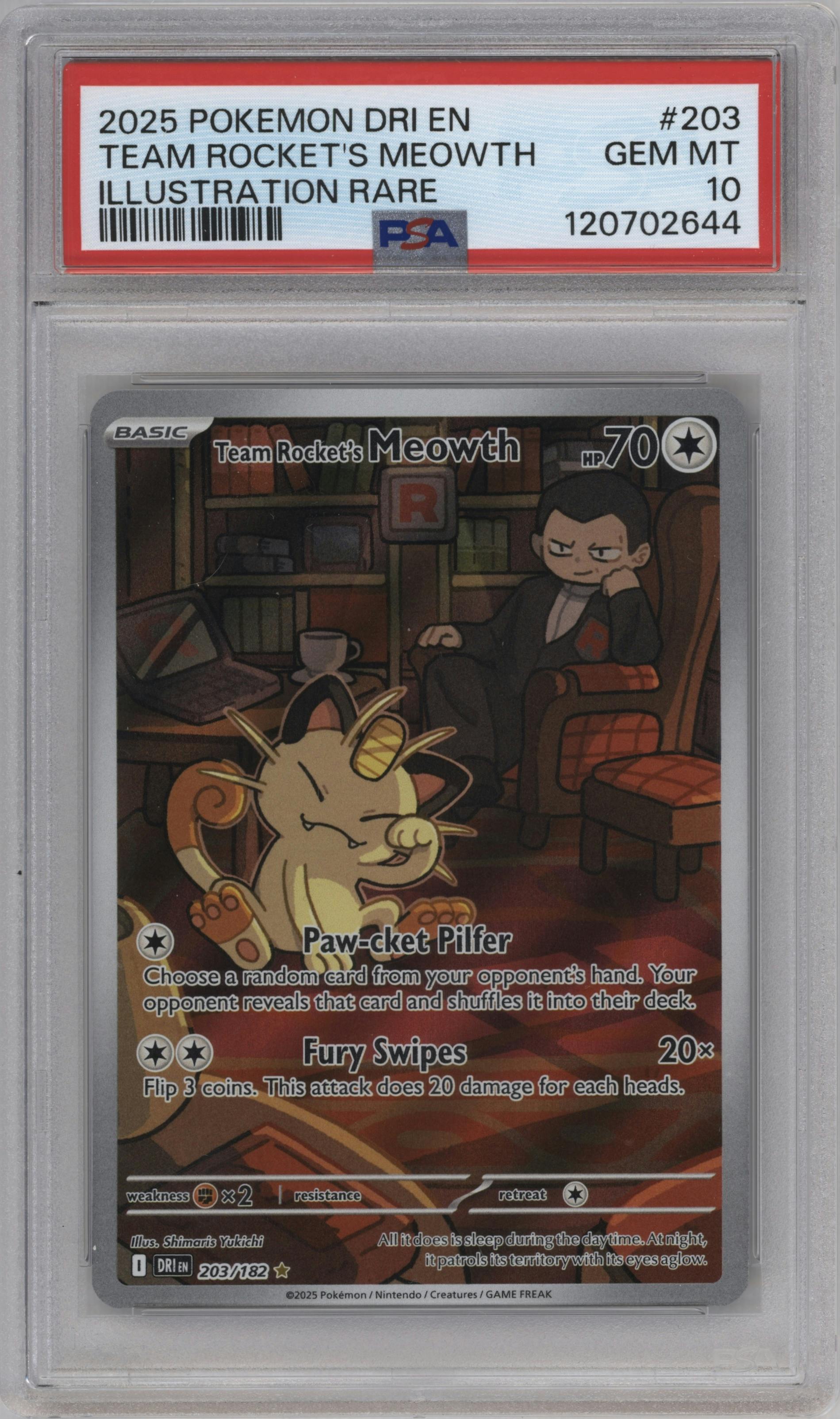 Team Rocket's Meowth from the 2025 Pokemon SV set graded by PSA and given an overall grade of 10.
