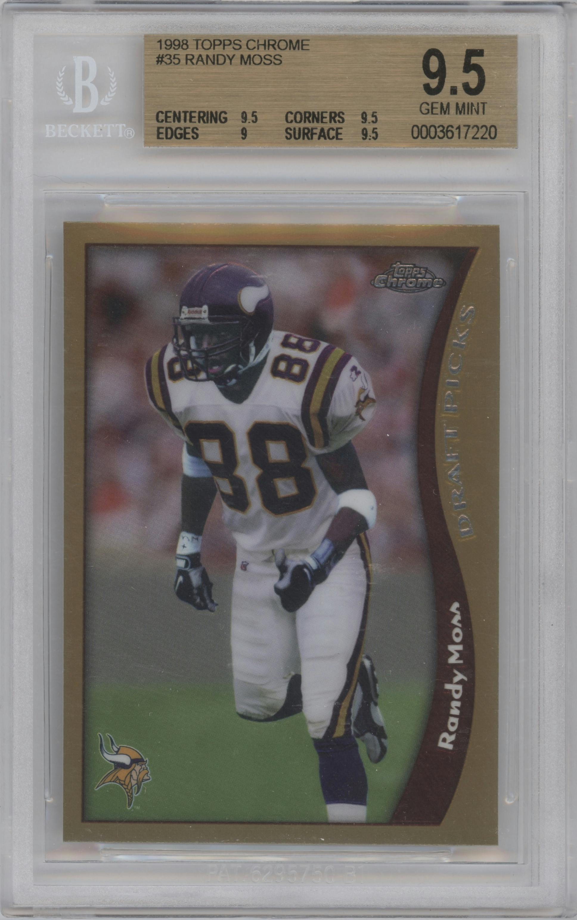 Randy Moss from the 1998 Topps Chrome set graded by Beckett and given an overall grade of 9.5.