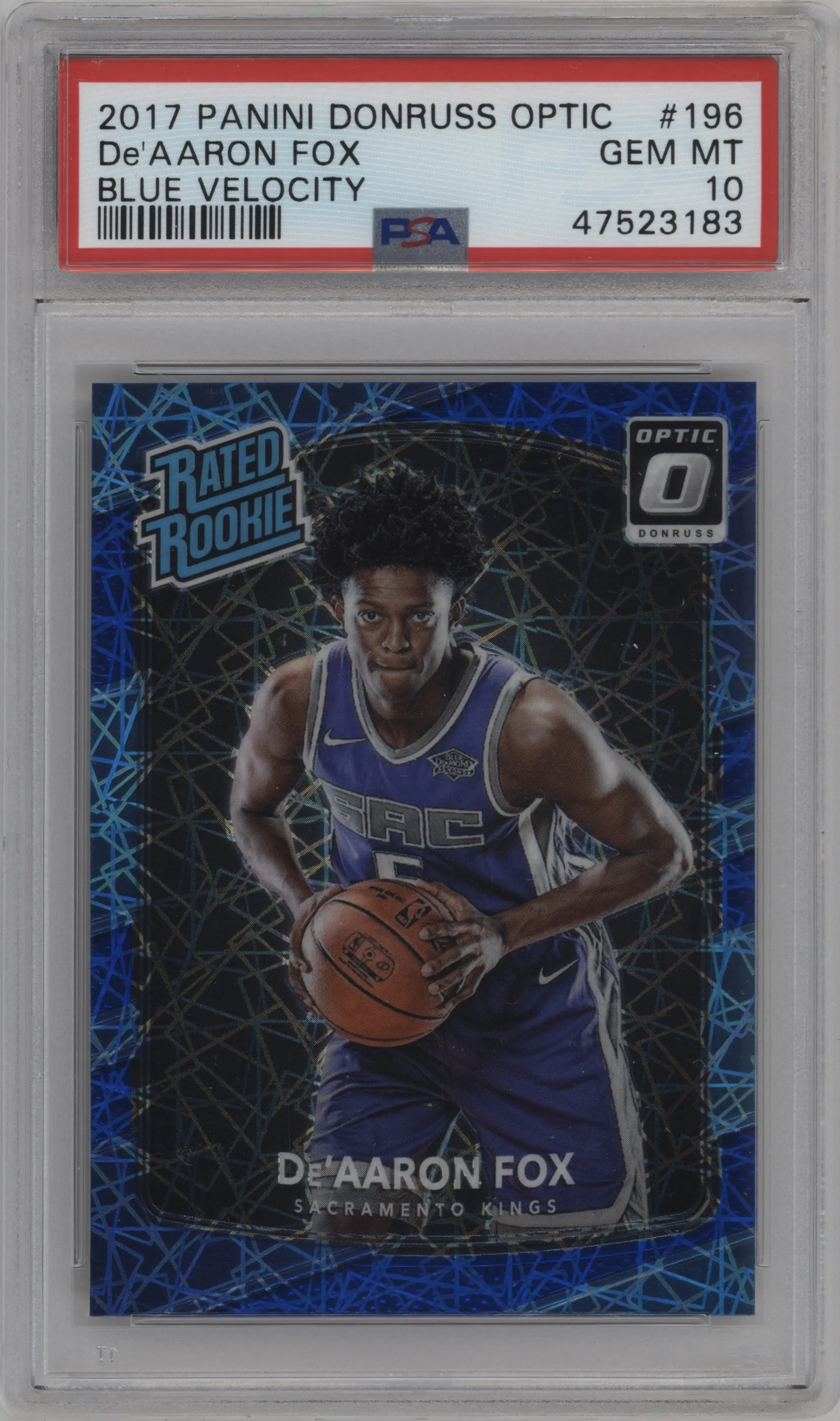 2017 Panini Donruss Optic Rated Rookie De'Aaron Fox Blue Velocity #196 PSA 10