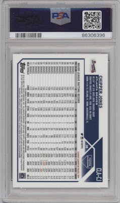 Chipper Jones from the 2023 Topps Chrome set featuring a Red Refractor parallel graded by PSA and given an overall grade of 10.