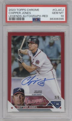 Chipper Jones from the 2023 Topps Chrome set featuring a Red Refractor parallel graded by PSA and given an overall grade of 10.