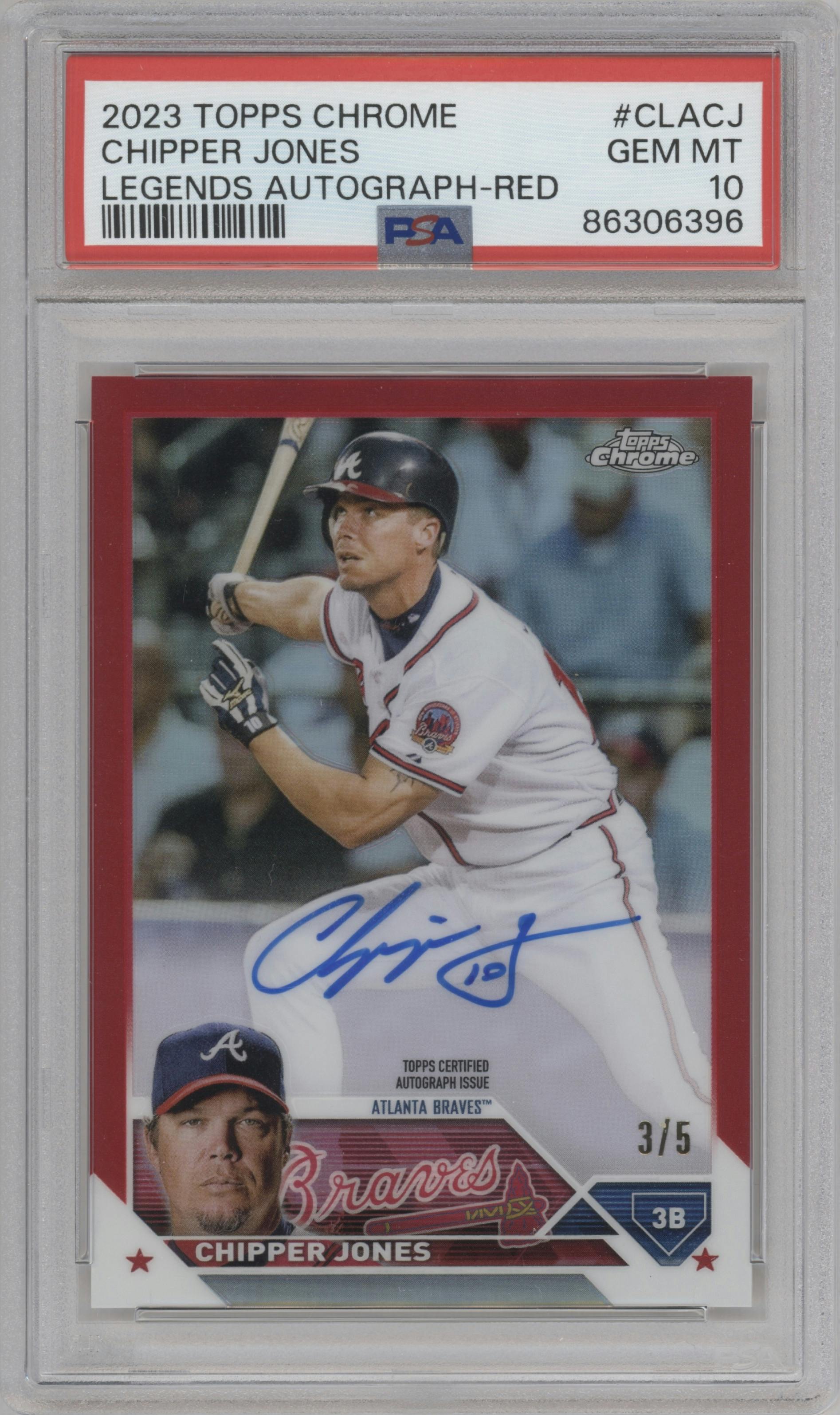 Chipper Jones from the 2023 Topps Chrome set featuring a Red Refractor parallel graded by PSA and given an overall grade of 10.