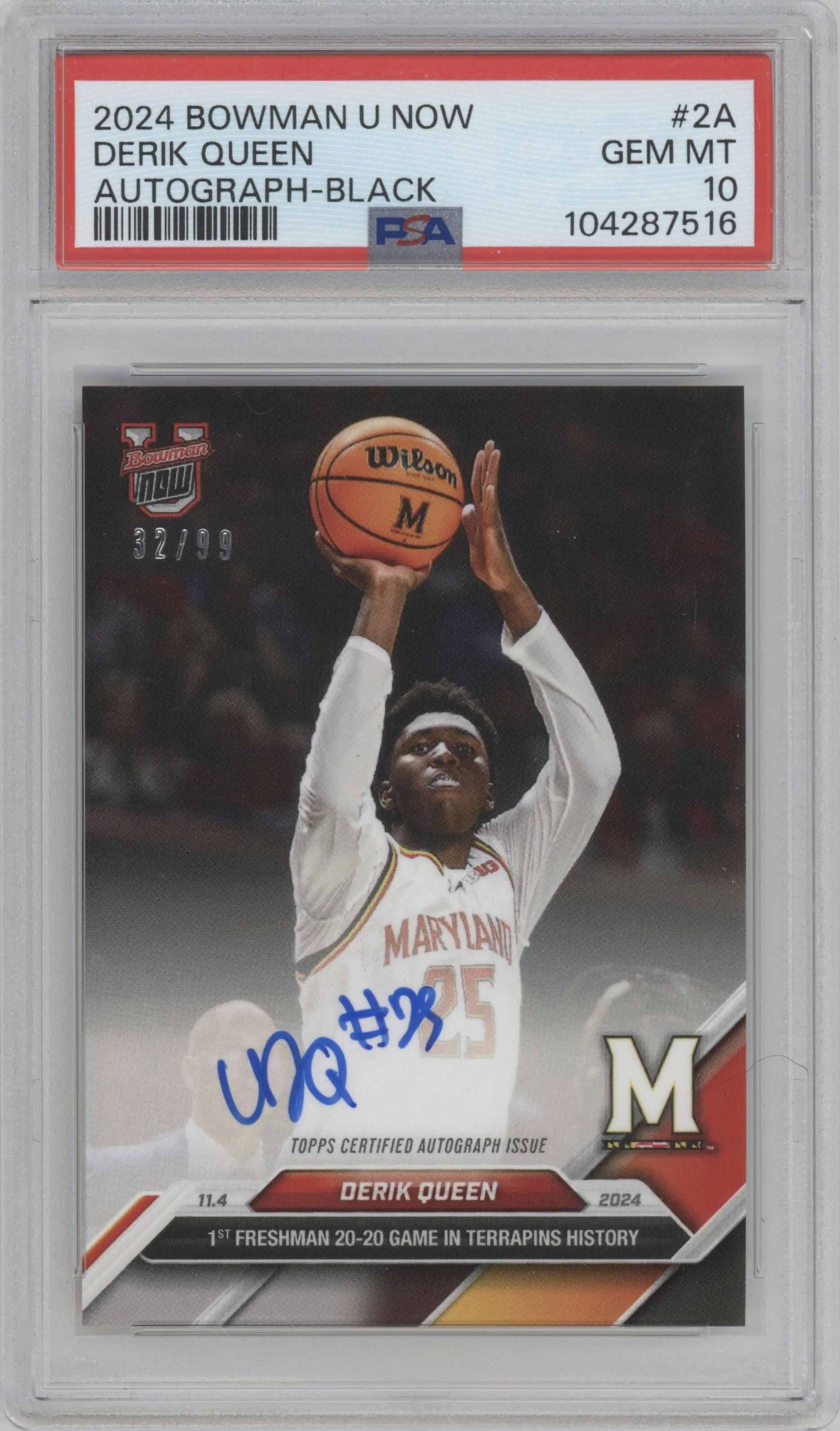 Derik Queen  from the 2024-25 Bowman U Now set featuring a Black parallel graded by PSA and given an overall grade of 10.