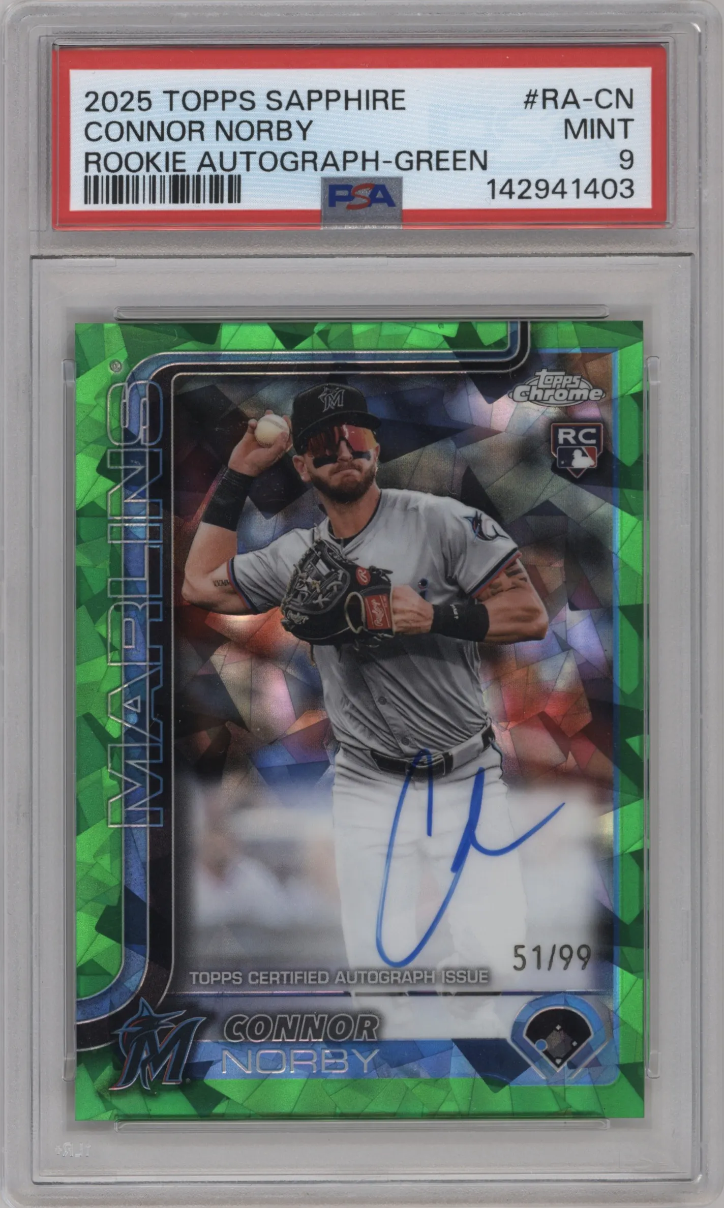 2025 Topps Chrome Sapphire Edition Rke.Auto Connor Norby Green PSA 9