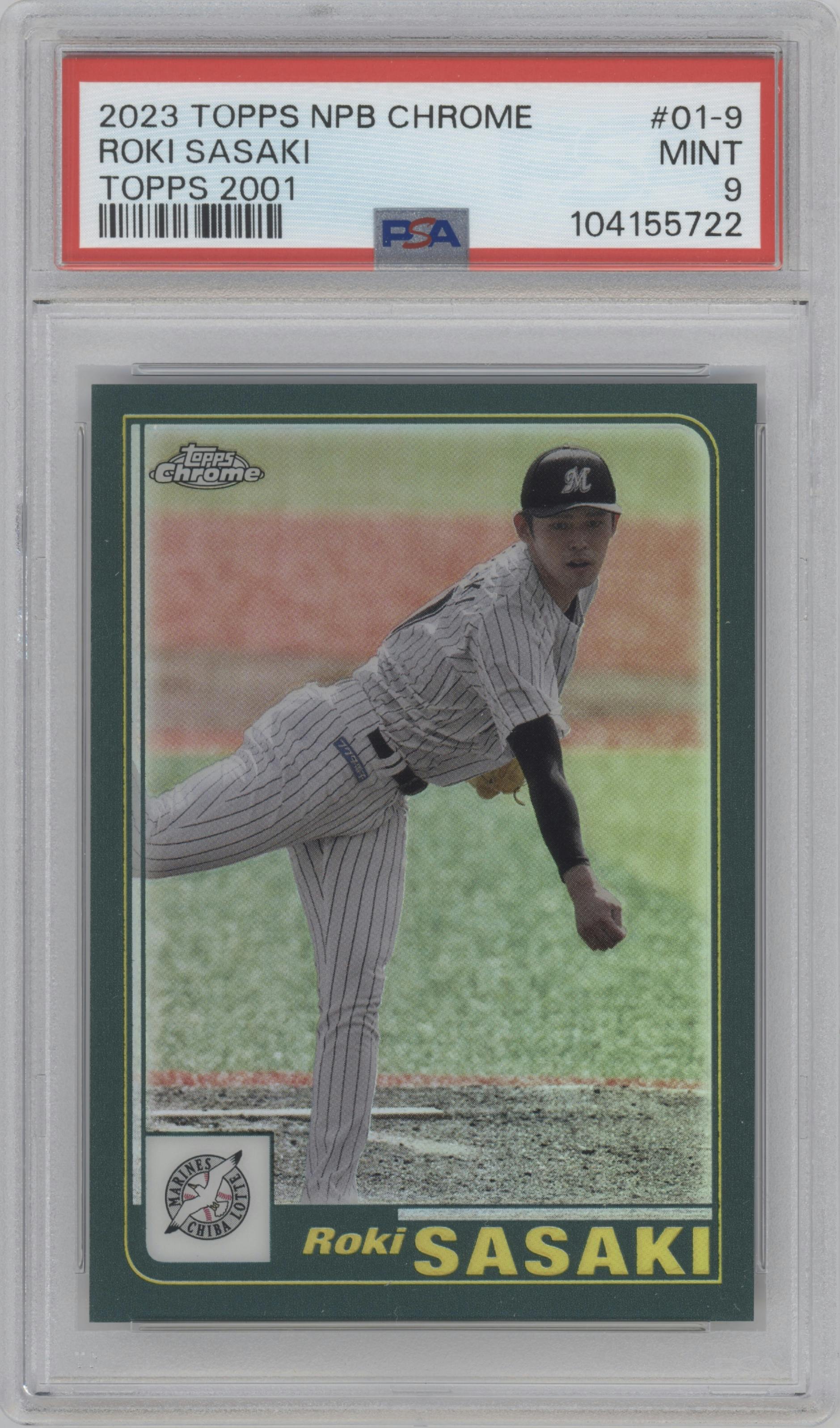 Roki Sasaki from the 2023 Topps Chrome NPB set graded by PSA and given an overall grade of 9.