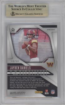 Jayden Daniels from the 2024 Panini Prizm set featuring a Orange Wave parallel graded by Beckett and given an overall grade of 9.5.