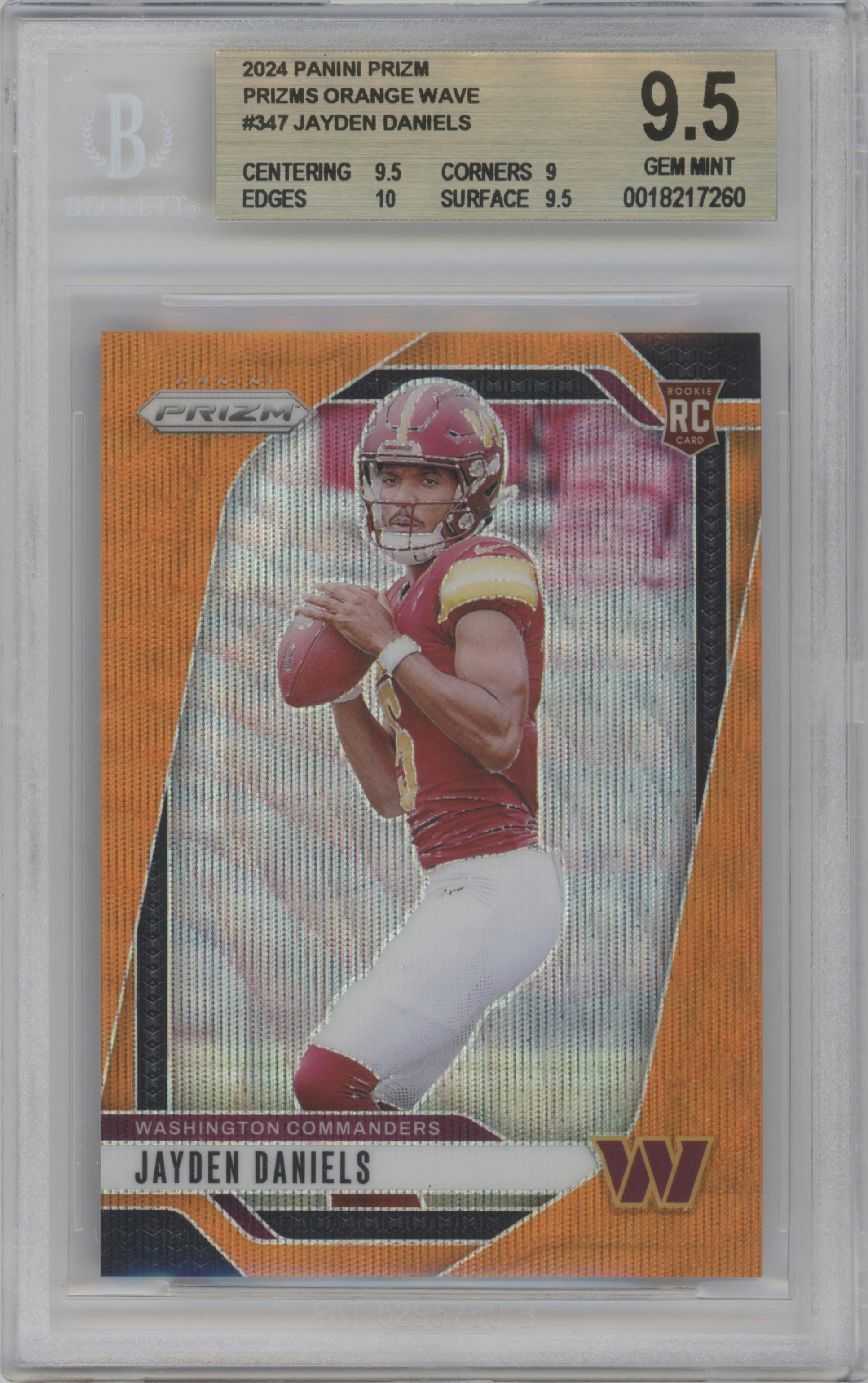 Jayden Daniels from the 2024 Panini Prizm set featuring a Orange Wave parallel graded by Beckett and given an overall grade of 9.5.