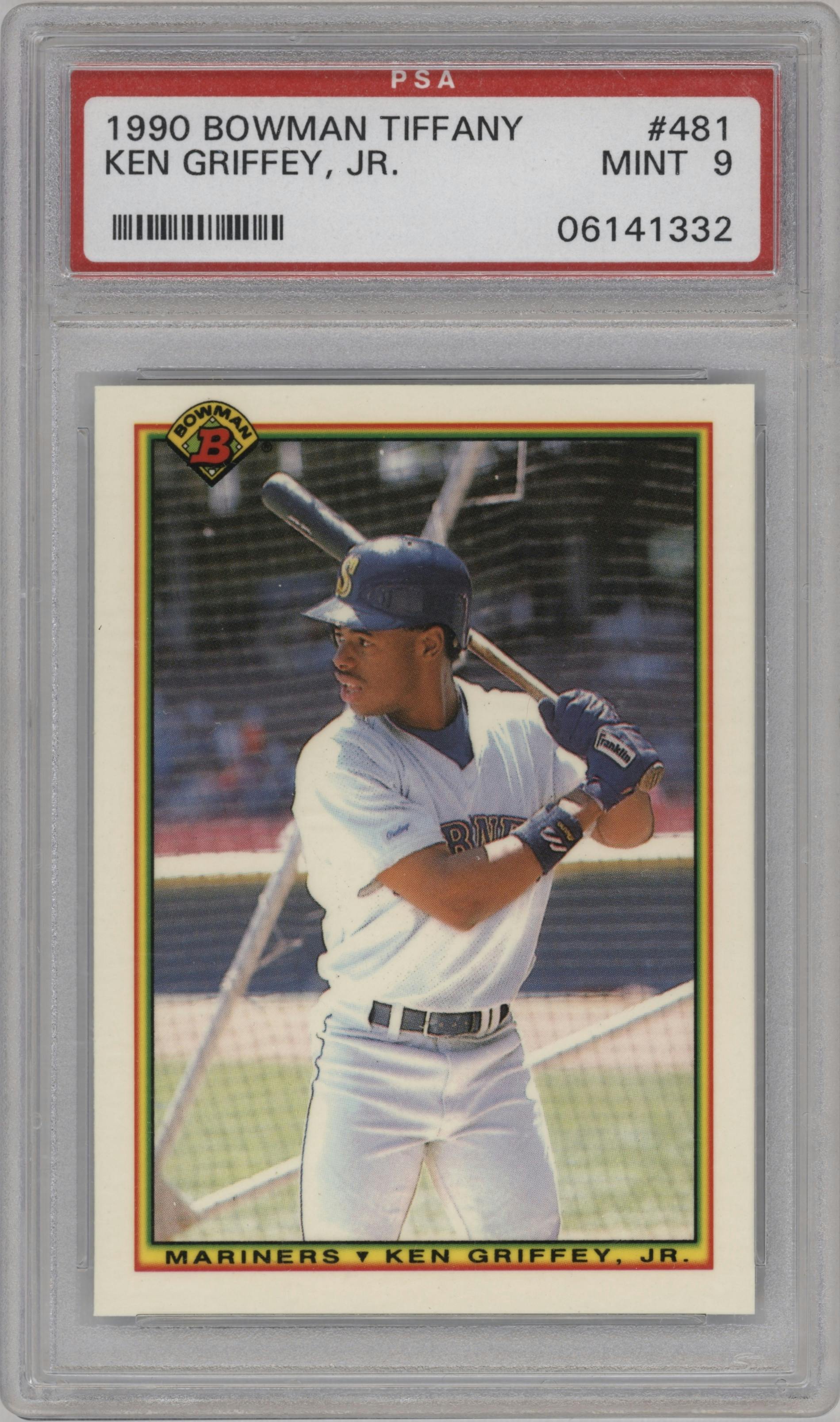 Ken Griffey Jr. from the 1990 Bowman Tiffany set graded by PSA and given an overall grade of 9.